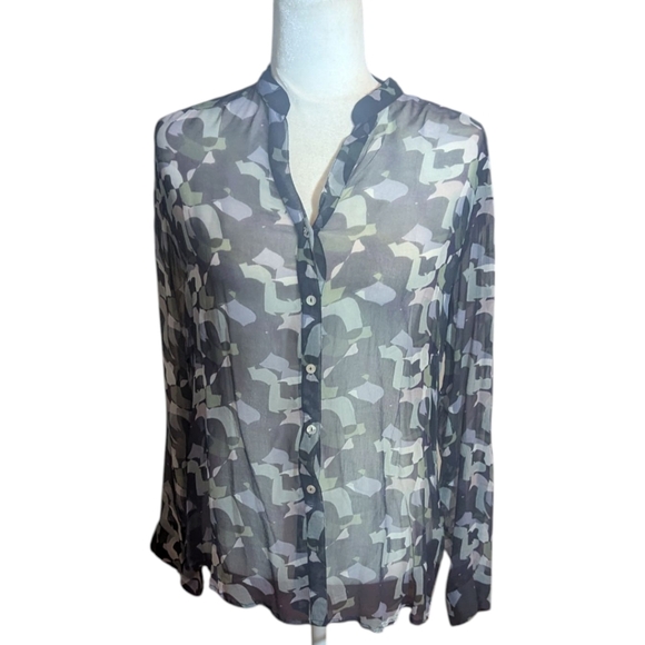 Casual Studio Gray/Black Sheer Button-Up Blouse with Abstract Pattern NWT Sz S - Picture 9 of 10